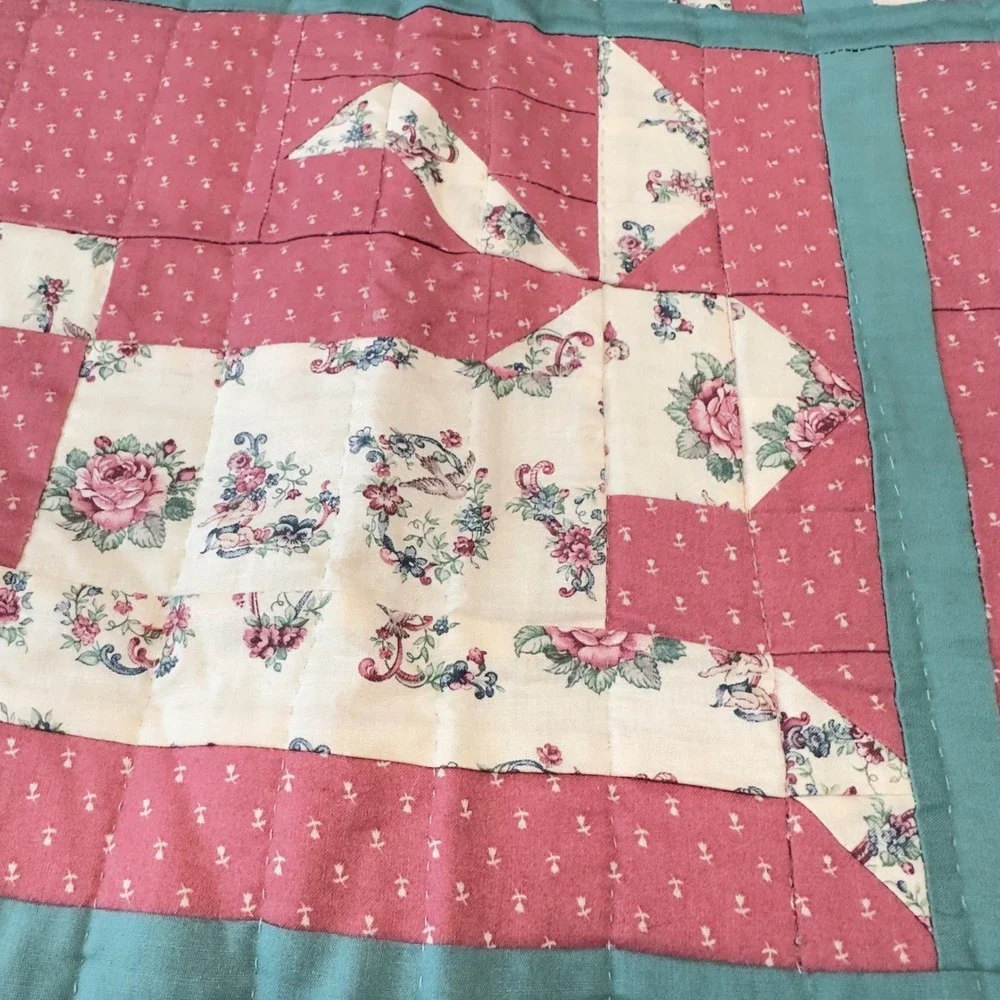 Handmade Bunny‎ Rabbit Patchwork Quilt Pink Teal Nursery Wall Hanging 40x33
